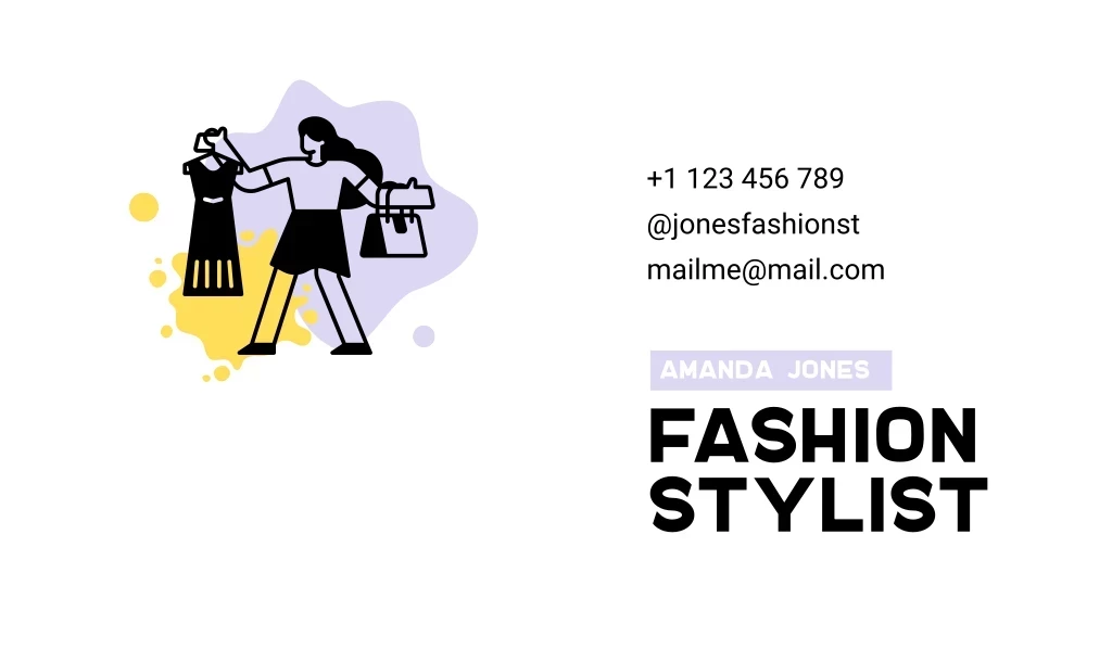 Fashion Stylist, +1 123 456 789 @jonesfashionst Mailme@mail.com , Amanda Jones Лого