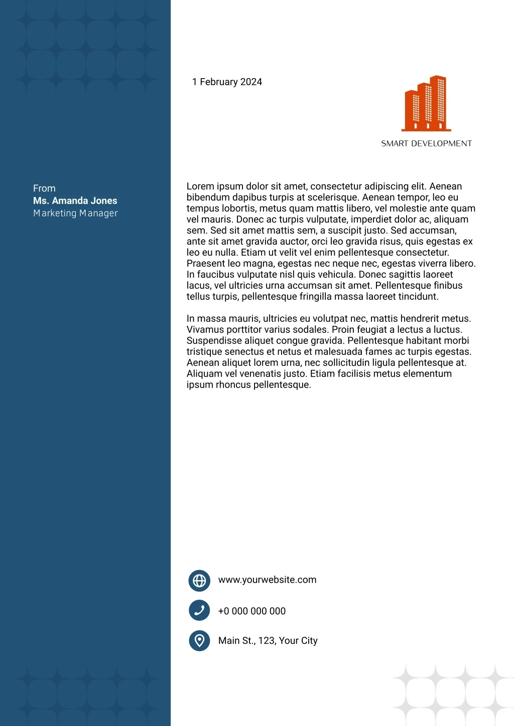 From Ms. Amanda Jones Marketing Manager , Lorem Ipsum Dolor Sit Amet, Consectetur Adipiscing Elit. Aenean Bibendum Dapibus Turpis At Scelerisque. Aenean Tempor, Leo Eu Tempus Lobortis, Metus Quam Mattis Libero, Vel Molestie Ante Quam Vel Mauris. Donec Ac Turpis Vulputate, Imperdiet Dolor Ac, Aliquam Sem. Sed Sit Amet Mattis Sem, A Suscipit Justo. Sed Accumsan, Ante Sit Amet Gravida Auctor, Orci Leo Gravida Risus, Quis Egestas Ex Leo Eu Nulla. Etiam Ut Velit Vel Enim Pellentesque Consectetur. Praesent Leo Magna, Egestas Nec Neque Nec, Egestas Viverra Libero. In Faucibus Vulputate Nisl Quis Vehicula. Donec Sagittis Laoreet Lacus, Vel Ultricies Urna Accumsan Sit Amet. Pellentesque Finibus Tellus Turpis, Pellentesque Fringilla Massa Laoreet Tincidunt. In Massa Mauris, Ultricies Eu Volutpat Nec, Mattis Hendrerit Metus. Vivamus Porttitor Varius Sodales. Proin Feugiat A Lectus A Luctus. Suspendisse Aliquet Congue Gravida. Pellentesque Habitant Morbi Tristique Senectus Et Netus Et Malesuada Fames Ac Turpis Egestas. Aenean Aliquet Lorem Urna, Nec Sollicitudin Ligula Pellentesque At. Aliquam Vel Venenatis Justo. Etiam Facilisis Metus Elementum Ipsum Rhoncus Pellentesque. , 1 February 2024, Www.yourwebsite.com, +0 000 000 000, Main St., 123, Your City Лого