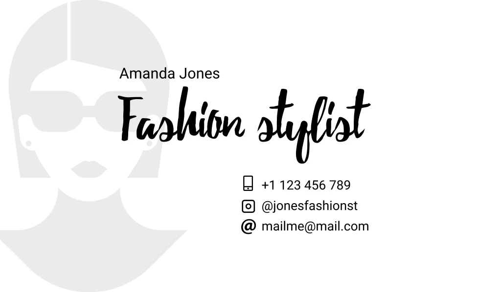 Fashion Stylist, Amanda Jones, +1 123 456 789 @jonesfashionst Mailme@mail.com Лого