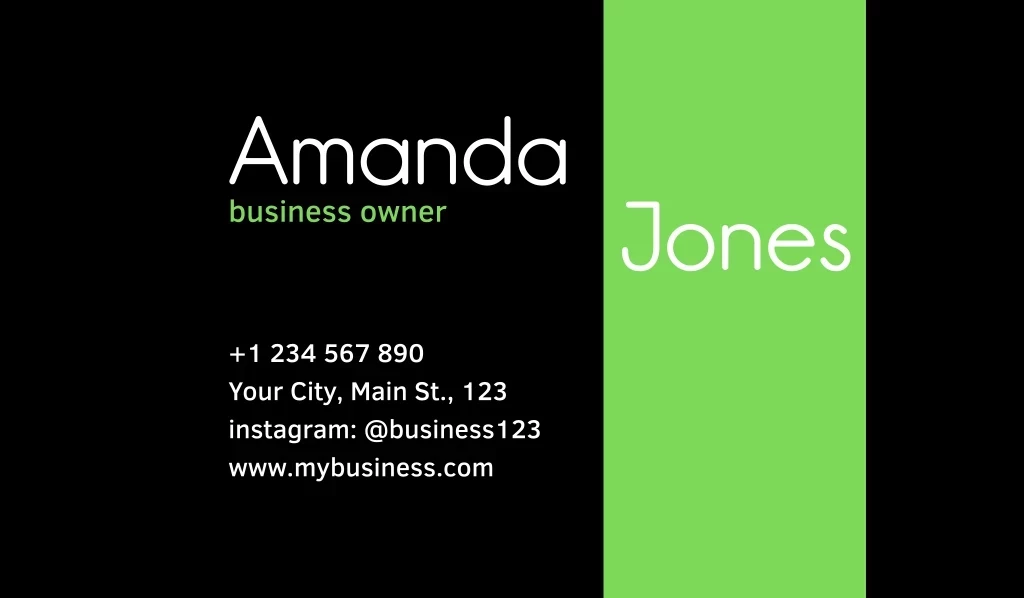 Amanda, +1 234 567 890 Your City, Main St., 123 Instagram: @business123 Www.mybusiness.com, Jones, Business Owner Лого