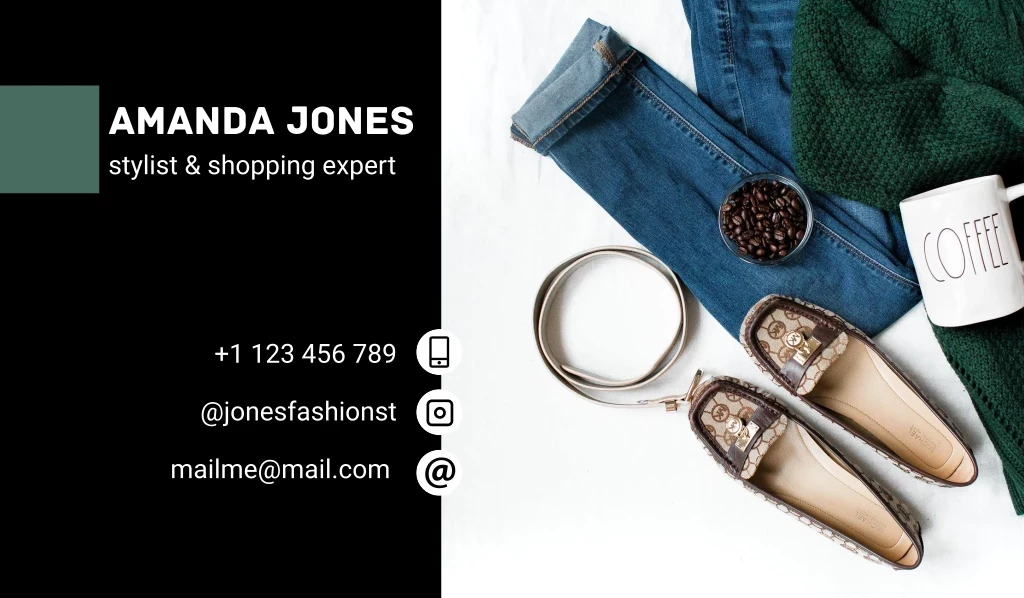 Amanda Jones, Stylist & Shopping Expert, +1 123 456 789 @jonesfashionst Mailme@mail.com Лого