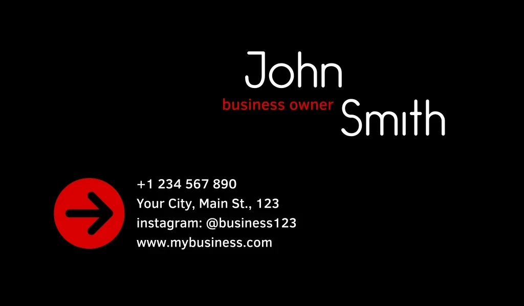 John, +1 234 567 890 Your City, Main St., 123 Instagram: @business123 Www.mybusiness.com, Smith, Business Owner Лого